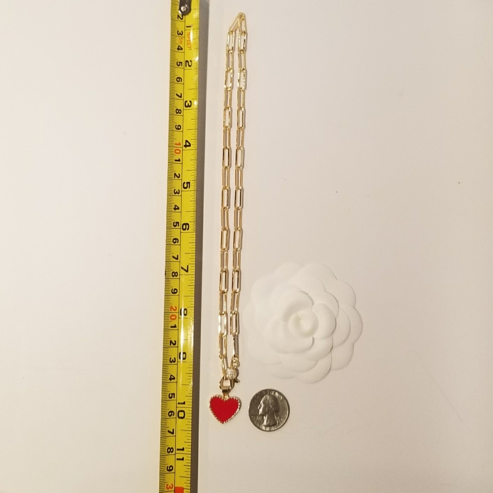 Red Enamel Heart Gold Paperclip Chain Necklace - Picture 6 of 7